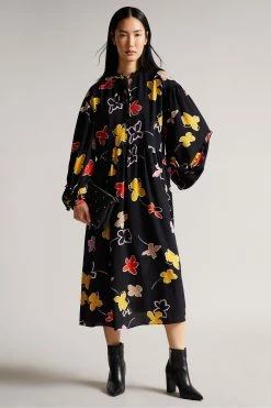 Ted Baker Yviee Black Chuck On Midi Dress With Ruffles