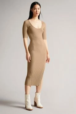 Ted Baker Brown Kiierra Lt-Brown Low Back Detail Knit Dress
