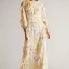 Ted Baker Leyona White Printed Full Sleeve Waterfall Maxi Dress