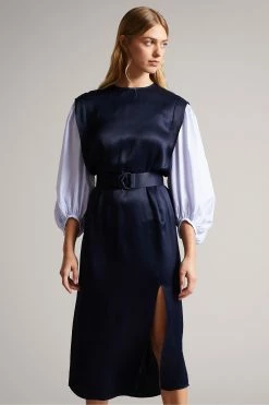Ted Baker Kaytei Navy Blue Belted Midi Dress With Puff Sleeve -tedbaker Shop Online unnamed file 1274