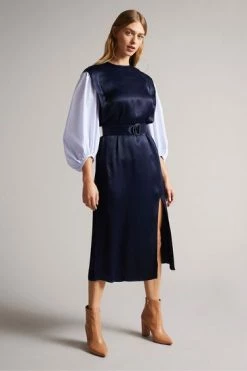 Ted Baker Kaytei Navy Blue Belted Midi Dress With Puff Sleeve -tedbaker Shop Online unnamed file 1277