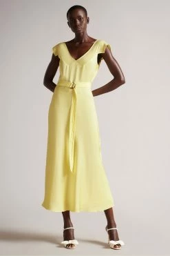 Ted Baker Yellow V-Neck Bias Cut Midi Dress