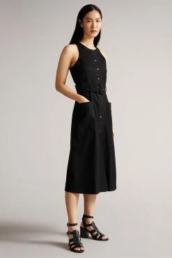Ted Baker Black Button Through Racer Back Midi Dress