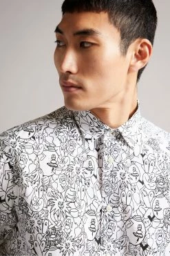 Ted Baker White Upland Long Sleeve All Over Character Print Shirt -tedbaker Shop Online unnamed file 1889