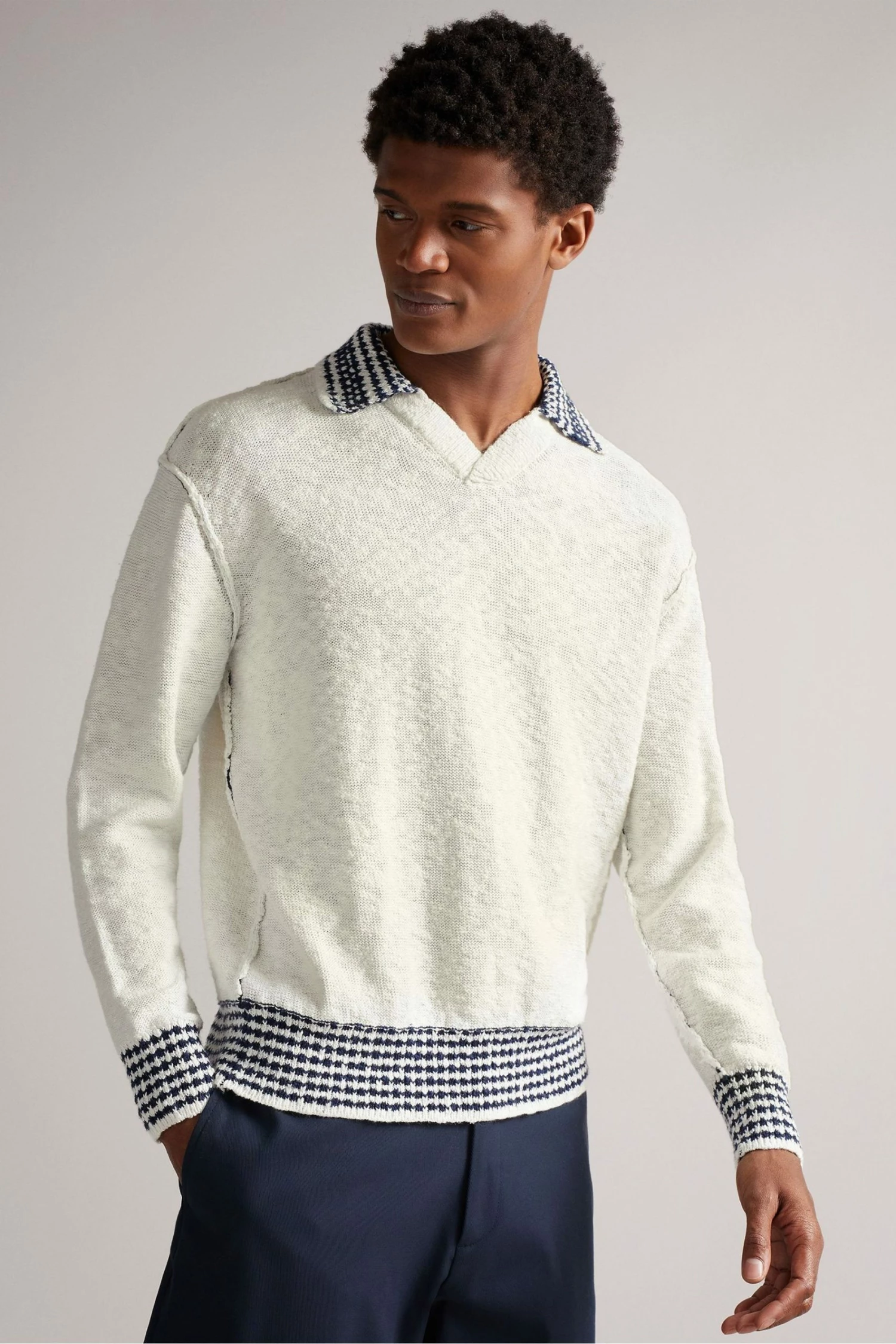 Ted Baker Cream Burlee Long Sleeve Open Striped Collar Crew Shirt 3 Ted Baker Cream Burlee Long Sleeve Open Striped Collar Crew Shirt