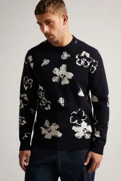 Ted Baker Navy Blue Sandsen Flower Graphic Crew Neck Jumper