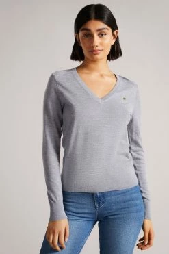 Ted Baker Abiygal Grey Merino Edit V-Neck Jumper