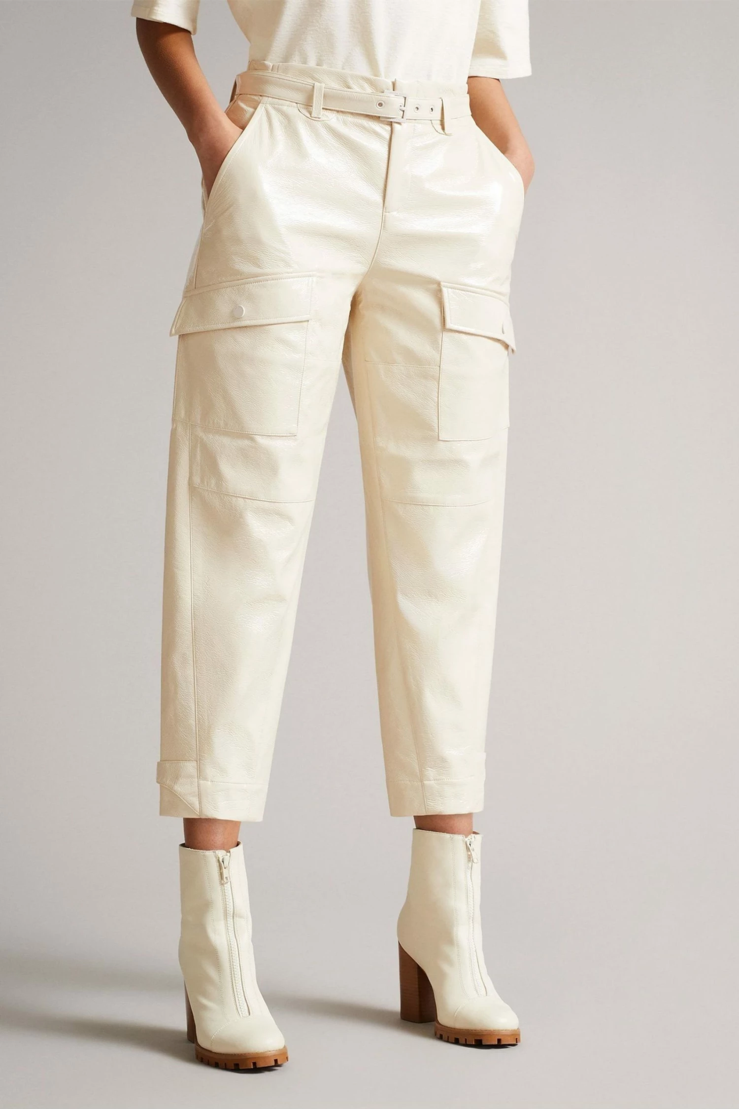 Ted Baker Vinala Ivory Cream Barrel Leg Vinyl Trousers 3 Ted Baker Vinala Ivory Cream Barrel Leg Vinyl Trousers