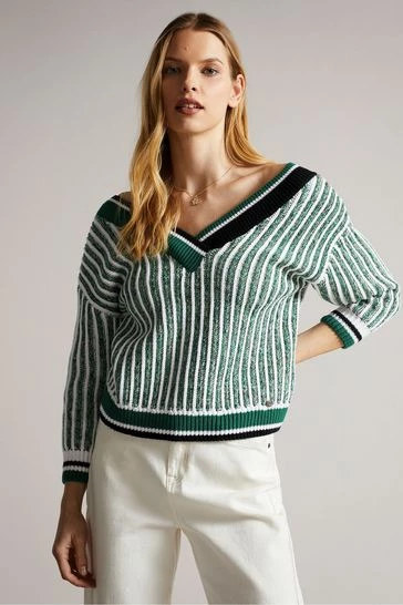 Ted Baker Edora Mid Green V-Neck Stitch Detailed Sweater 8 Ted Baker Edora Mid Green V-Neck Stitch Detailed Sweater - Image 6