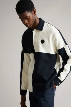 Ted Baker Wickam Navy Long Sleeve Textured Polo Shirt