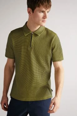 Ted Baker Green Backley Short Sleeve Textured Zip Polo Shirt