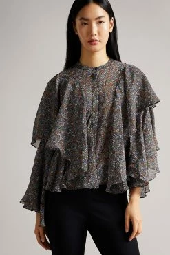 Ted Baker Black Printed Ruffle Blouse