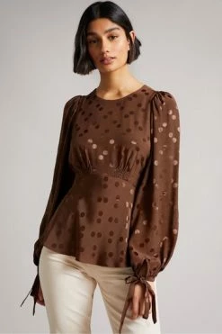 Ted Baker Trissia Dark Brown Spot Jacquard Tie Back Top -tedbaker Shop Online unnamed file 4564