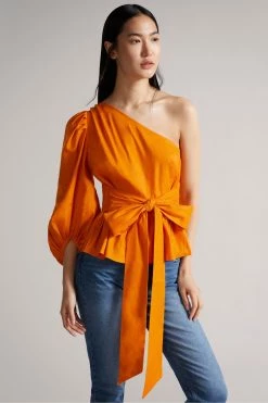 Ted Baker Orange Lera One Shoulder Top With Tie Waist