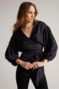 Ted Baker Navy Blue Ralda Wrap Top With Blouson Full Sleeve