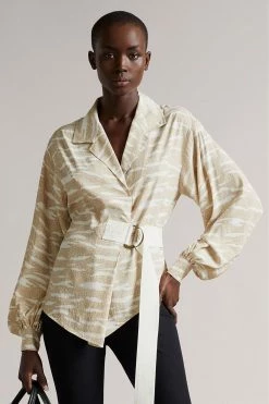 Ted Baker Brown Yellow Faux Wrap Front Top With D-Rings