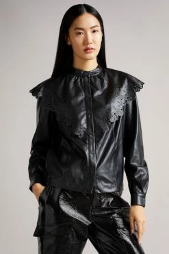 Ted Baker Black Perforated Pleather Top With Collar -tedbaker Shop Online unnamed file 4698