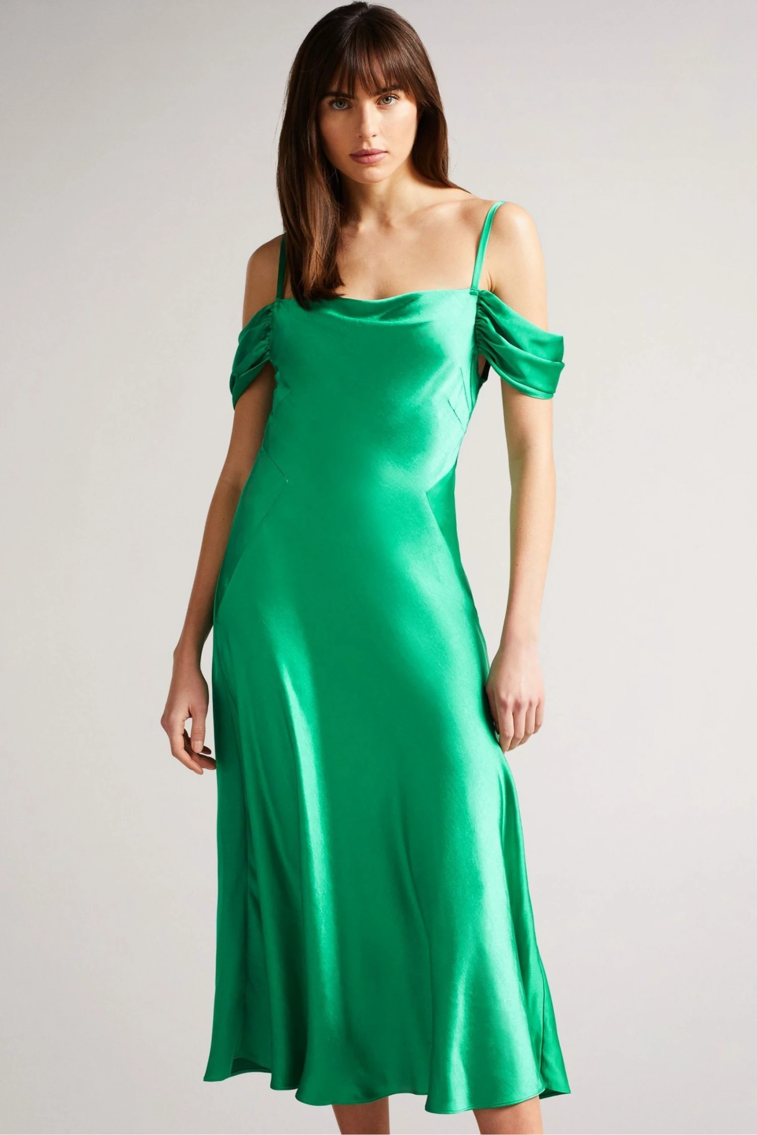 Ted Baker Esta Mid-Green Cold Shoulder Cowl Front Midi Slip Dress 3 Ted Baker Esta Mid-Green Cold Shoulder Cowl Front Midi Slip Dress