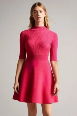 Ted Baker Red Viviiyy Deep-Pink Engineered Skater Dress -tedbaker Shop Online unnamed file 865