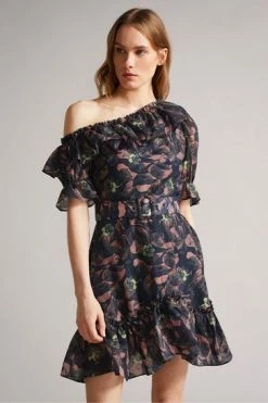 Ted Baker Navy Blue Hazpin Asymmetric Cold Shoulder Ruffle Mini Dress -tedbaker Shop Online unnamed file 900