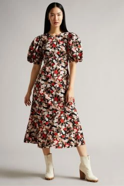 Ted Baker Pink Printed Floral Seersucker Midi Dress