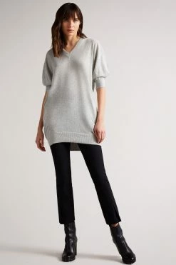 Ted Baker Inula Dk-Grey V Neck Sleeve Detailed Knit Dress