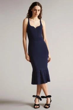 Ted Baker Emesta Navy Blue Full Needle Stitch Detailed Hem Dress